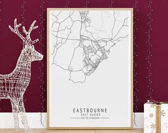EASTBOURNE Map Print, High Res Map Of Eastbourne, East Sussex, Minimalist UK City Maps, Printable Wall Art, Instant Digital Download