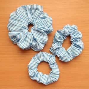 Lake blue, white, stripes,  Three sizes, handmade scrunchie, handmade scrunchie, gift for her, hair accessories, cotton, S, M, L