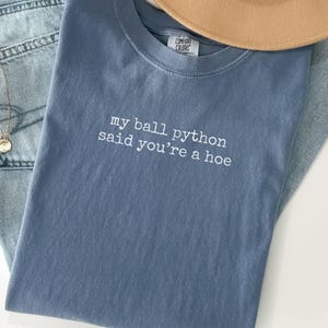 May include: A blue t-shirt with the text "my ball python said you're a hoe" in white. The shirt is laid on top of a pair of light blue jeans, with a tan hat and a gold necklace visible.