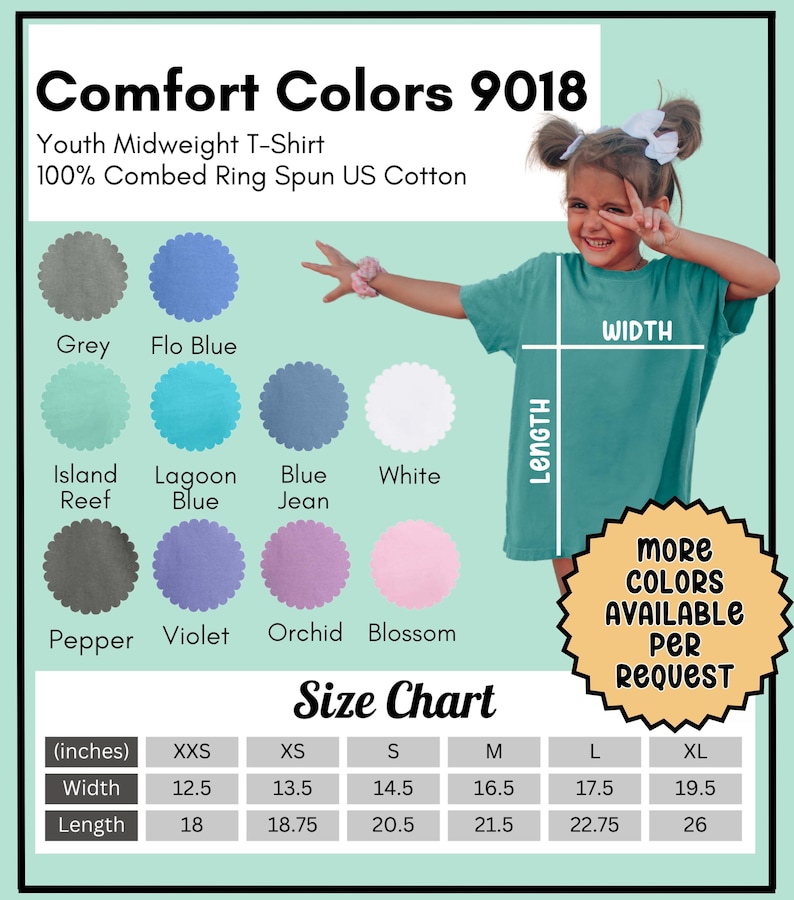 Pu&ograve; includere: Tabella delle taglie in pollici per una t-shirt di peso medio per bambini. La tabella mostra le misure di larghezza e lunghezza per le taglie XXS a XL. La t-shirt &egrave; disponibile in 10 colori: Grigio, Flo Blue, Scogliera dell'Isola, Blu Laguna, Blue Jean, Bianco, Pepe, Viola, Orchidea e Fiore di Pesco. Comfort Colors 9018.