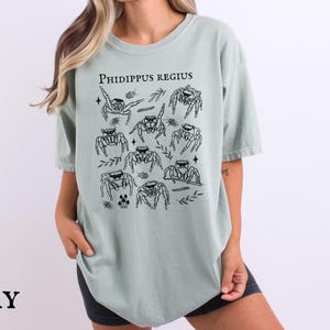 Pu&ograve; includere: T-shirt verde salvia con la scritta "Phidippus Regius" e un disegno in bianco e nero di diversi ragni saltatori. I ragni sono raffigurati in varie pose. La maglietta ha una vestibilit&agrave; ampia.