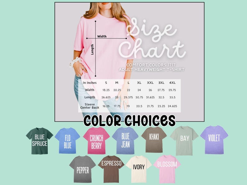 Op de afbeelding: Maattabel voor een T-shirt met metingen in inches. Kleurkeuzes omvatten blauwe spar, flo blauw, crunch bessen, blauwe spijkerbroek, kaki, baai, violet, peper, espresso, ivoor en bloesem.
