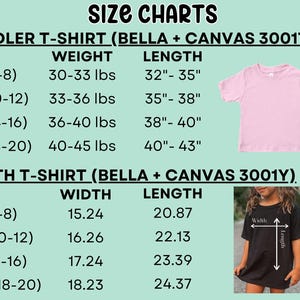 May include: Size chart for toddler and youth t-shirts. The chart shows sizes, weight, width, and length measurements in inches and pounds. The chart is on a light blue background.