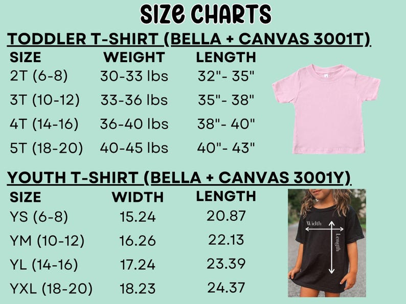 May include: Size chart for toddler and youth t-shirts. The chart shows sizes, weight, width, and length measurements in inches and pounds. The chart is on a light blue background.