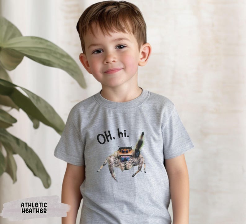 May include: A light gray t-shirt with a jumping spider graphic and the text "OH. hi." printed on the front. The shirt is made of a soft, comfortable material.