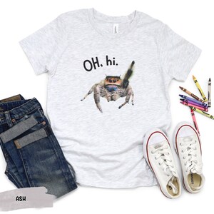 May include: A light grey t-shirt with a jumping spider graphic and the text "OH. hi." printed on the front. The shirt is on a white background.