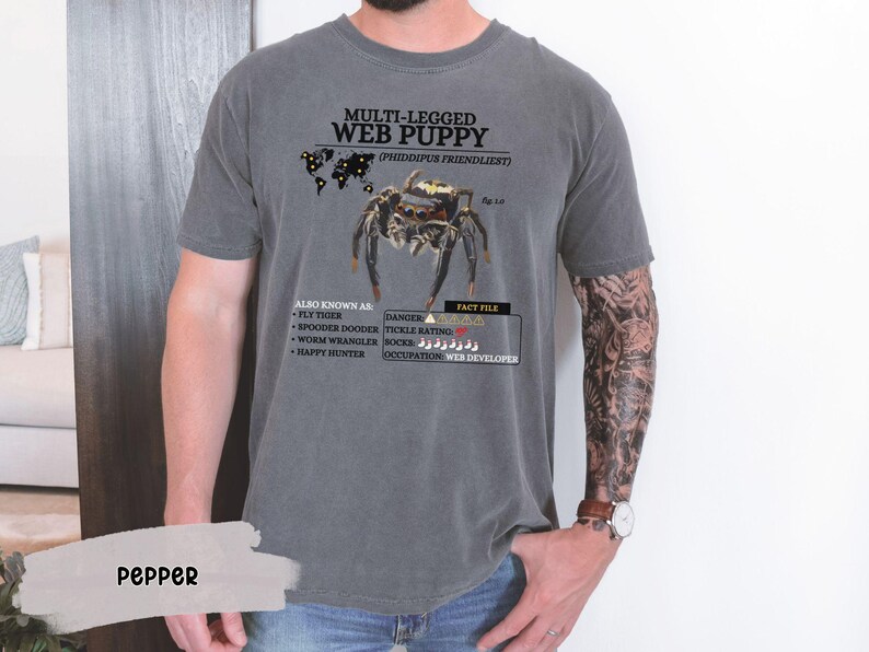 May include: A gray t-shirt with a black and white illustration of a jumping spider. The text "MULTI-LEGGED WEB PUPPY (PHIDDIPUS FRIENDLIEST)" is printed on the shirt. The shirt also includes a fact file about the spider, including its danger level, tickle rating, and occupation.