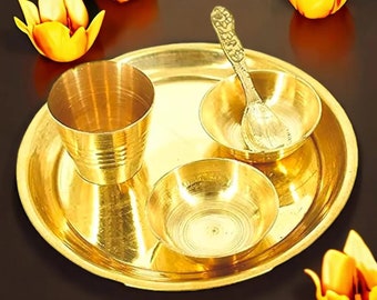 Temple and Home Decor Bhog Thali Set - Includes 2 Katori, Glass, and Spoon - Ideal for Laddu Gopal Bhog, Pooja, Diwali, and Navratra.
