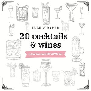 20 Cocktails und Wein Illustrationen (PDF & PNG Dateien)