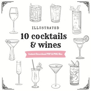 10 ilustrações de coquetéis e vinhos (arquivos PDF e PNG)