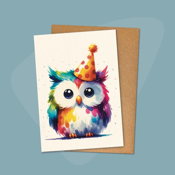 Owl Birthday Card | Happy Colourful Baby Owlet | Handmade Greetings for Bird & Animal Lovers | Cute, Funny, Party, Rainbow | Blank Inside