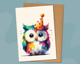 Happy Owl Birthday Card | Blank Inside | Cute Wild Baby Bird Colourful Rainbow Splashes | Greetings for Him/Her/Kids | Party Hat Zoo Animals