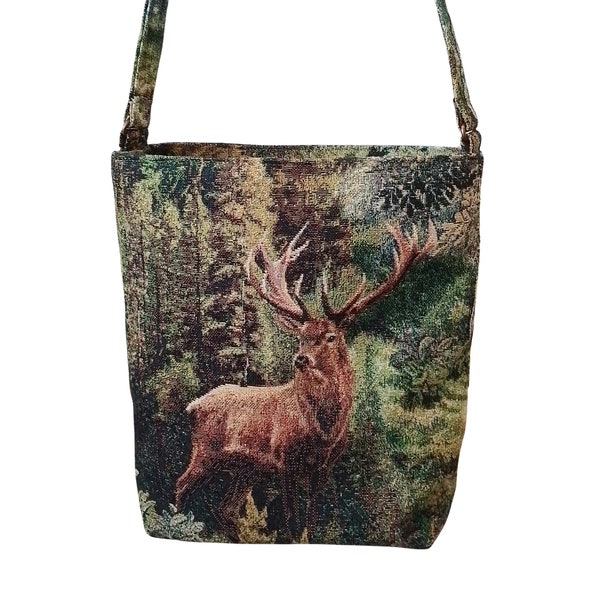 Waldmotiv Hirsch Tasche Waldtiere II Shopper Tasche Umhängetasche handgenäht Waldlandschaft Gobelin-Stoff im Landhausstil Mustermix