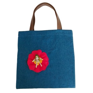 Handgenähte Jeanstasche DOLLY Henkel aus Lederimitat, Jeans Shopper Tasche aus Denim mit Jeans-Innentasche und handgenähtem Püppchen