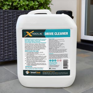 May include: A white 5-litre plastic container of XTREME Drive Cleaner. The label is blue and white and says "A high performance cleaner that removes black spots, algae, lichen, dirt & mould from Natural Stone, Concrete, & Resin Paving Slabs and Tiles.  This will eliminate any build-up of grime, water, oil, grease or moss.  Apply plenty of water to a pressure washer or hose using a low pressure setting.  Apply XTREME Drive Cleaner to the area and allow to dwell for 5-10 minutes.  Rinse off with a pressure washer or hose.  Coverage: One 5-litre container will dilute 1:1.  One spread per use, within 3 months."