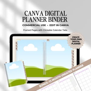 Modelo de fichário digital Canva, uso comercial de planejador digital, planejador digital editável, diário editável Canva, modelo de fichário Canva