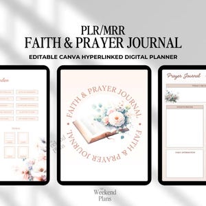 May include: A digital planner template for a faith and prayer journal. The template features a floral design with a Bible and the text "FAITH & PRAYER JOURNAL".