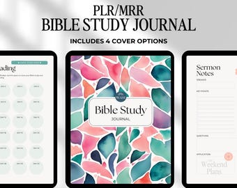 May include: A digital journal cover with a colorful abstract design. The text "Bible Study Journal" is in the center of the cover. The cover also includes the text "Weekend Plans" at the bottom.