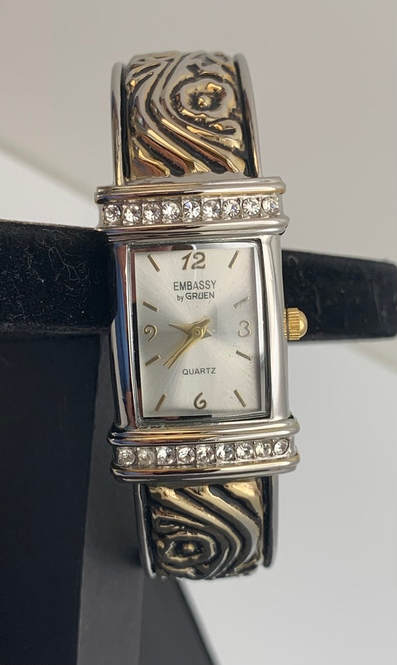 Ladies Silver Engraved Cuff Bracelet Watch With Crystals Embassy by Gruen Etsy Canada