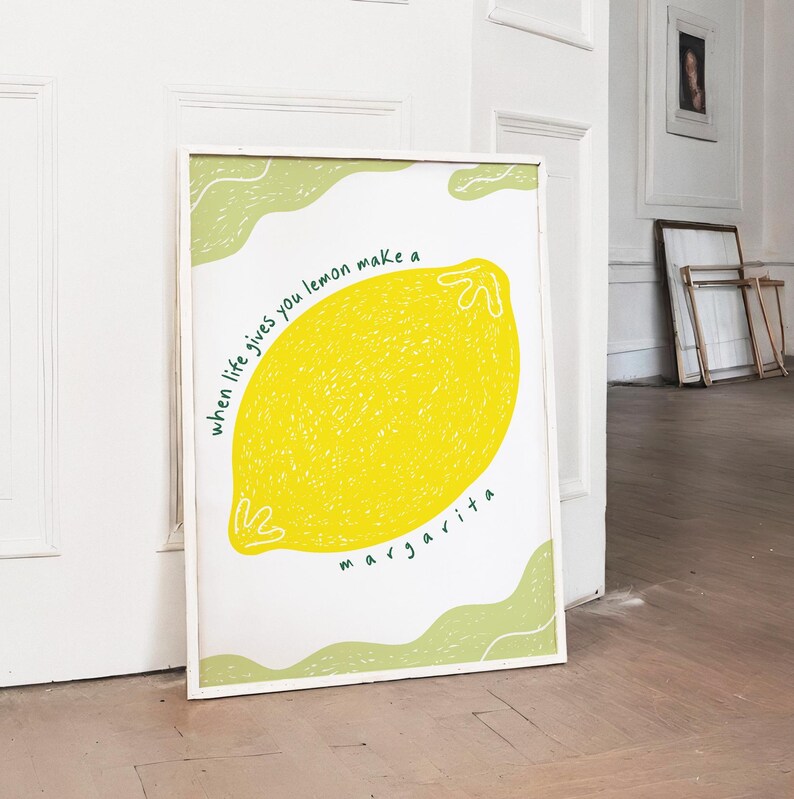 Yellow Lemon Hand Drawn Kitchen Wall Art, Digital Modern Kitchen Decor ...