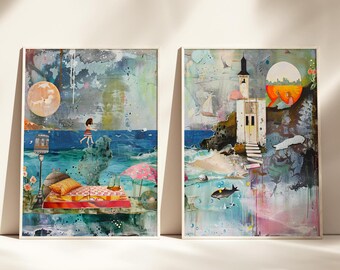 Set de láminas artísticas de collage costero surrealista, decoración para casa de playa (descarga digital)