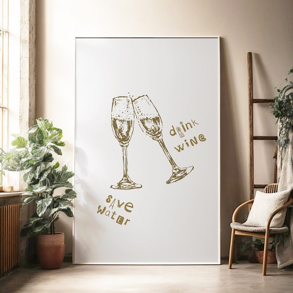 Save Water Drink Wine Wall Art Print, Wine Print, Mid Century Modern Print Retro Drink Print Modern Kitchen Wall Art, Bar Cart Accessories