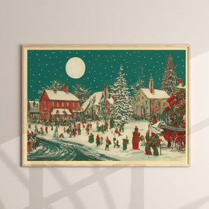 ヴィンテージレッドハウスのクリスマスプリント、素朴なホリデーウォールアート（デジタルダウンロード）