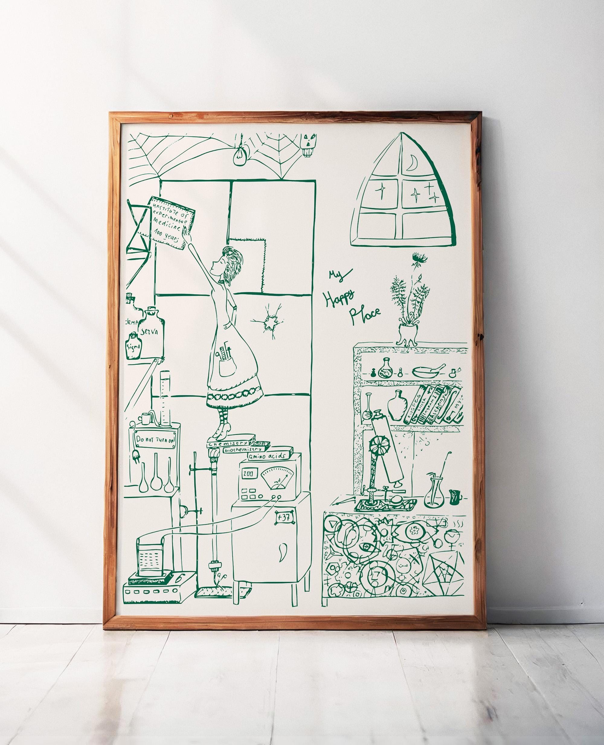 Laboratory Art Print, Science Wall Decor, Female Scientist Drawing ...