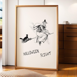 Halloween Flight Witch and Black Cat Wall Art, Halloween Wall Art, Flying Broom Wall Art, Witch Broomstick Poster, Vintage Halloween Art