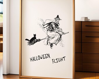 Vintage Halloween Witch and Cat Art Print (Digital Download)