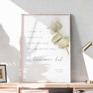 May include: A white framed print with a quote from Nicholas Sparks' "The Notebook": "I am who I am because of you. You are every reason, every hope and every dream. I have ever had."