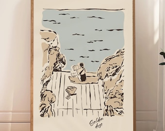 Golden Days Summer Wall Art, Coastal Woman Reading Print, Minimalist Beach Illustration, Mediterranean Decor, Digital Download, Sea Poster