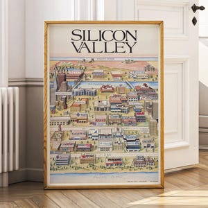 Vintage Silicon Valley-kaart muurkunst – Retro Tech-poster met technische bedrijven uit de jaren 80 – Geek Office Decor – Start-Up Gift – Office print