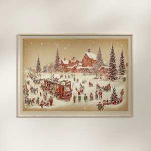 Vintage Christmas Train Art Print, Rustic Winter Village Scene (Digital Download)