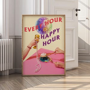 Every Hour is Happy Hour Wall Art, Pink Girly Bar Cart Art Print Set, Trendy Wall Art, Preppy Poster Set, Printable Poster, Digital Prints