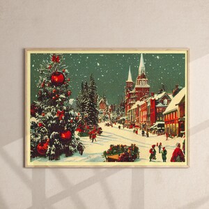 Vintage Christmas Street Scene Art Print, Rustic Holiday Decor (Digital Download)