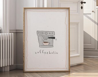 Lámina «Coffeeholic», ilustración minimalista de cafetera (descarga digital)