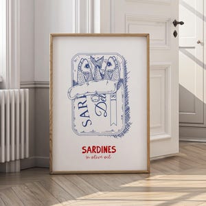 Vintage Sardinendose Wandkunst, Retro Küche Digitaldruck, Sardinendose Vintage Poster, Fisch Druck Eklektischer Druck, Küche Maximalist Poster