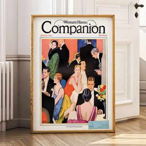 May include: A vintage magazine cover from January 1931 for "Woman's Home Companion" featuring a colorful illustration of a group of people in formal attire at a party. The cover text reads "Woman's Home Companion" and "Ten Cents".