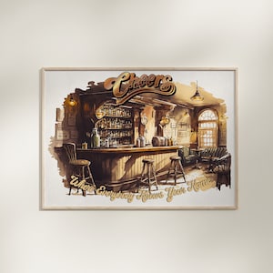 チアーズ TVシリーズポスター ヴィンテージ水彩画 ウォールアート、Where Everybody Knows Your Name、バーカフェキッチンドリンクプリント、バーカートアクセサリー