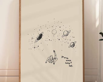 Kosmisches Universum Kunst Druck, Himmlische Linie Zeichnung, spirituelle Wanddekoration, ästhetisches Galaxie Poster, Alan Watts Zitat, sofortiger Download