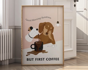 Dog Coffee Lover Print, Humorous Kitchen Wall Art (Digital Download)