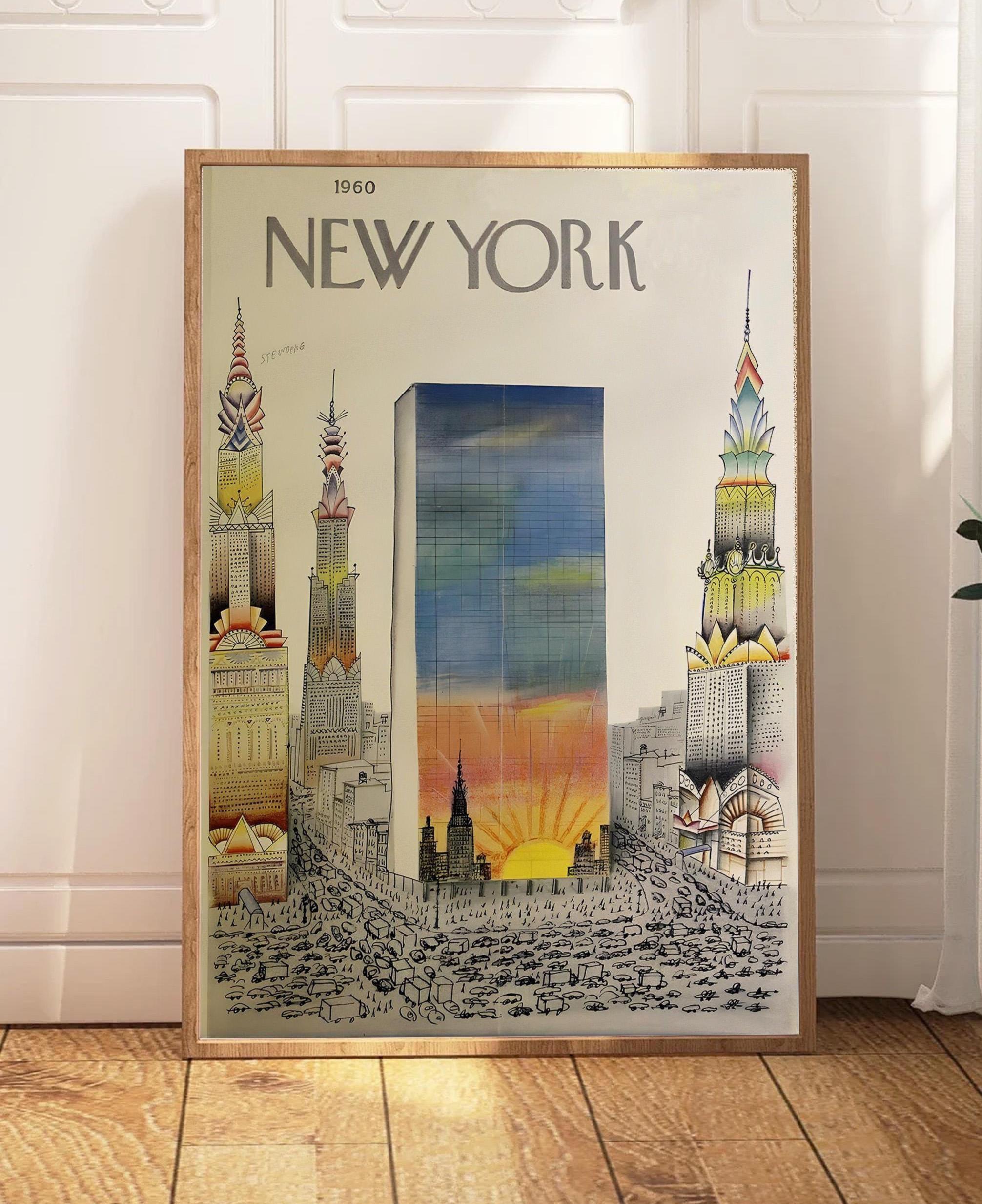 Vintage New York 1960 Poster, Saul Steinberg Style Cityscape