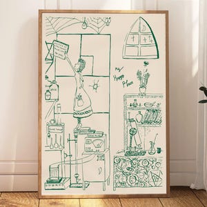 Impresión artística de laboratorio, decoración de pared científica, dibujo de científica, ilustración retro de laboratorio, arte de química, descarga digital, My Happy Place