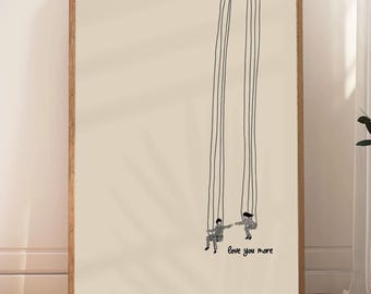 Liebe dich mehr Digitale Wandkunst, Minimalistische paar Linie Zeichnung Druck, Jubiläumsgeschenk für Sie, Romantische Schlafzimmer Dekoration, Sofort Download