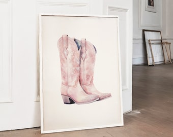 Pastel Pink Cowgirl Boots Art Print, Retro Western Decor (Digital Download)