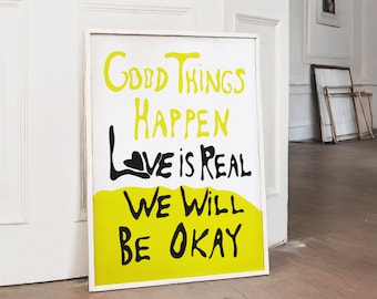 Love is Real Print, Retro Color Poster, Neon Color Yellow Art, Hand Painted Quote, Retro Good Vibes Poster, Motivating Art, Trendy Wall Art