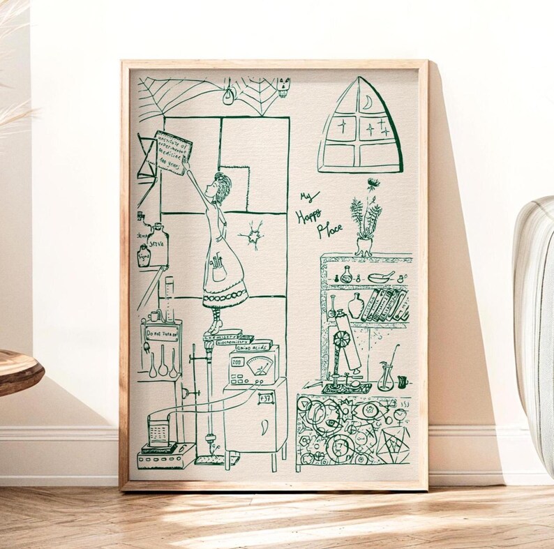 Laboratory Art Print, Science Wall Decor, Female Scientist Drawing ...