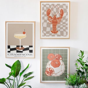 3 zestawy sztuki ściennej do kuchni | Dekoracja ścienna do jadalni | Dekoracja retro do kawiarni i baru | Plakat z homarem | Nowoczesny zestaw wydruków 3 | Wydruk ścienny w stylu szampana