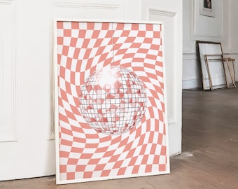 Mirrorball Poster, Pastel Pink Checkered Disco Decor (Digital Download)